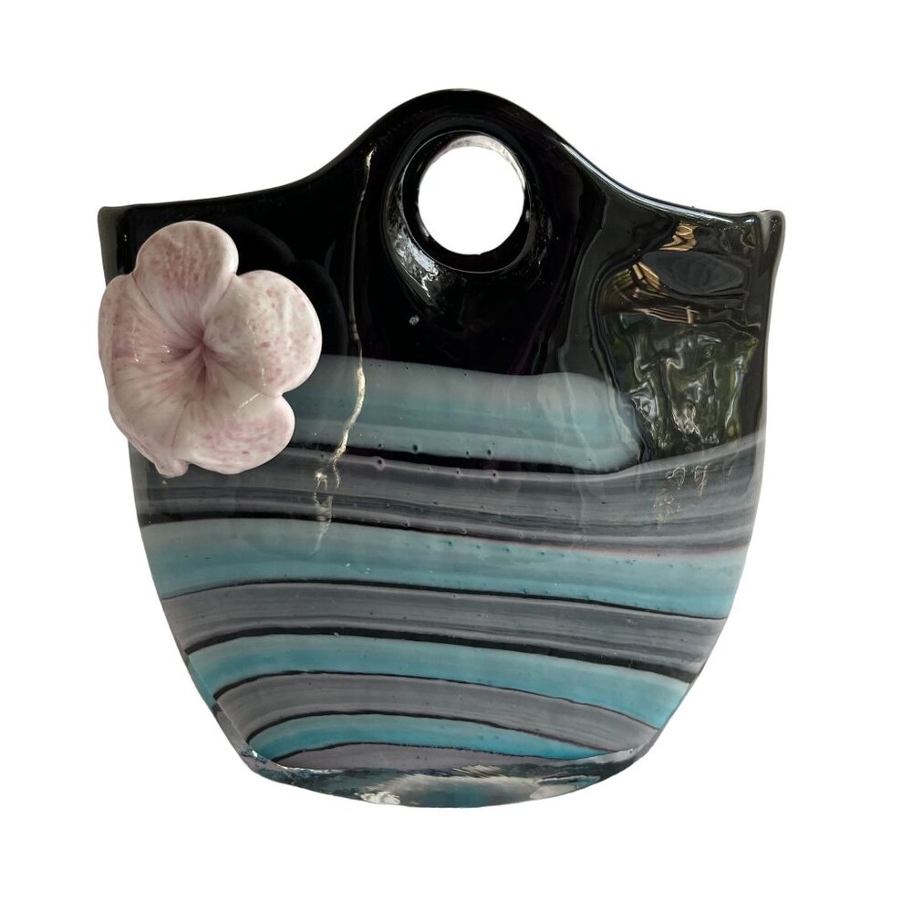 Murano Style Hand Blown Glass Purse Stripes Pink Flower 5.5" 2lbs. 6oz. Vase